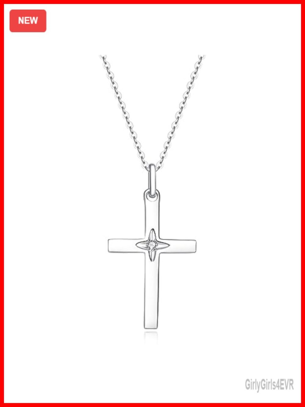 14K Solid Real White Gold Star Diamond Cross Necklace with 16+2" Cable Chain